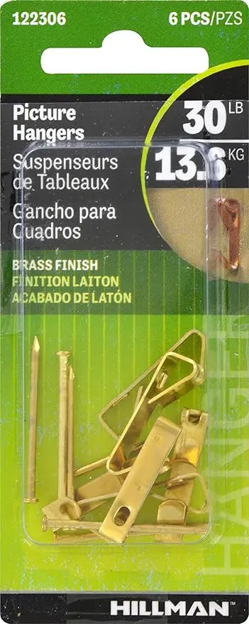 Hillman 122306 Brass Conventional Picture Hanger 6 Pack 30lb