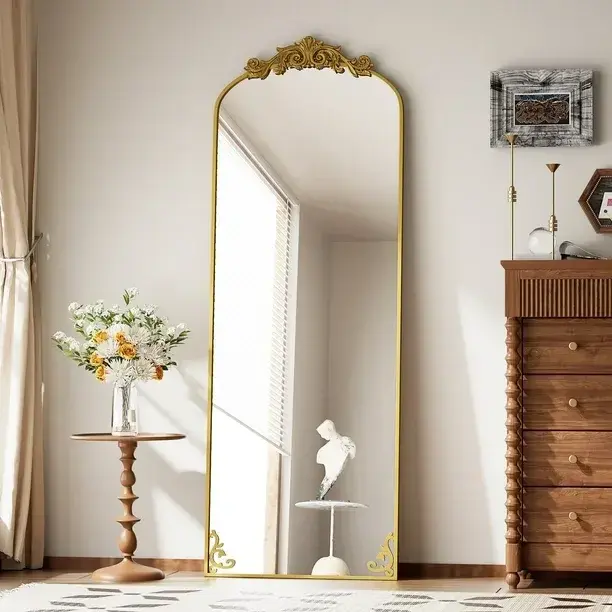 BEAUTYPEAK 65"x21" Arched Full Length Mirror Metal Vintage Mirror Baroque Style, Gold