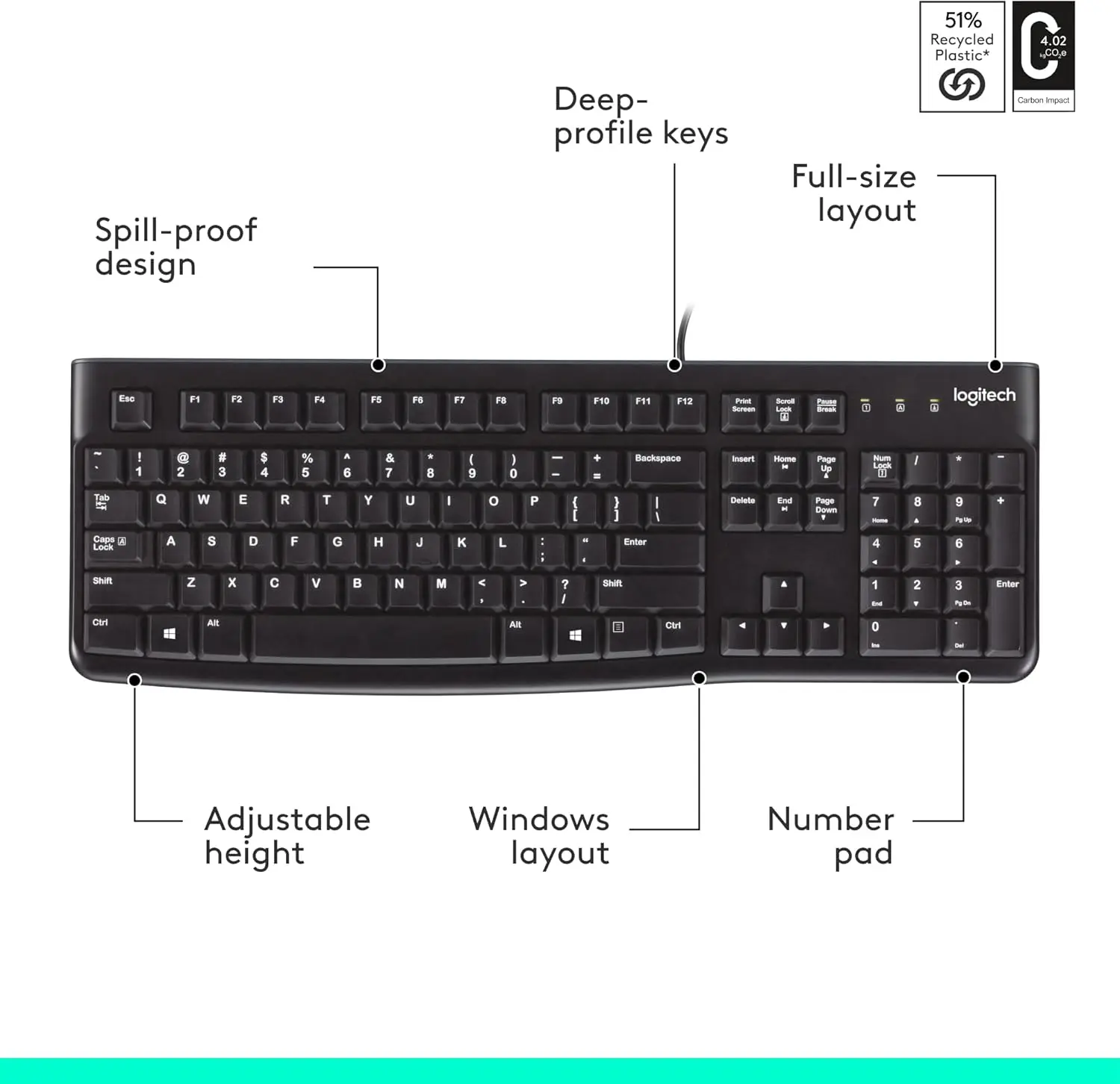 Logitech K120 Wired Keyboard for Windows, USB Plug-and-Play, Full-Size, Spill-Resistant, Curved Space Bar, Compatible with PC, Laptop - Black