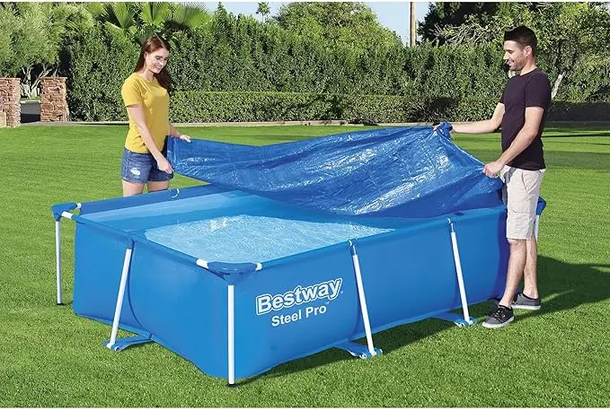 Bestway Steel Pro Flowclear 102 x 67 Inch Rectangular UV Resistant Polyethylene Above Ground Swimming Pool Cover with Ropes, Blue