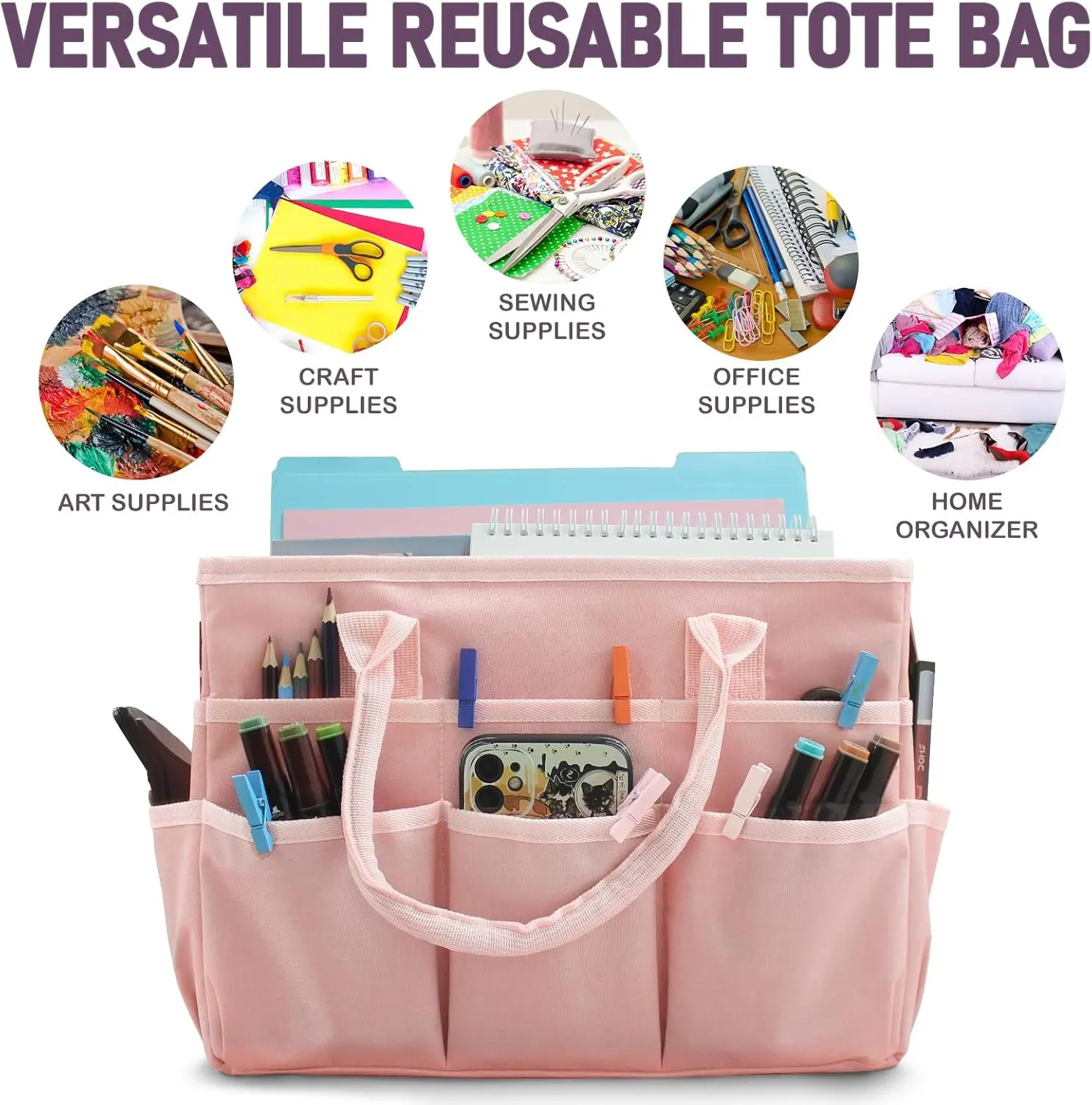 Cupohus Art Organizer Craft Storage Tote Bag with Pockets and Handles, Oxford Fabric Carrying Caddy for Teacher, Officer, Artist, Traveler, and more –Pink