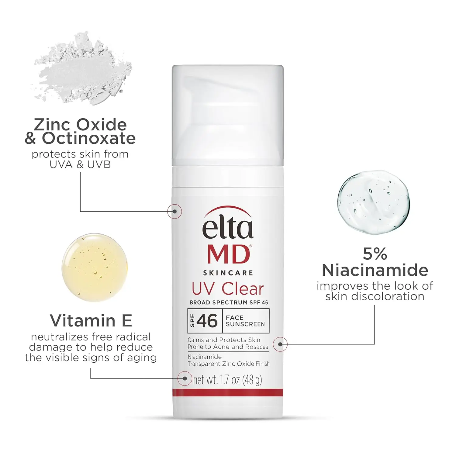 EltaMD UV Clear Facial Sunscreen, Broad-Spectrum SPF 46 for Sensitive or Acne-Prone Skin, Oil-free, Dermatologist-Recommended Mineral-Based Zinc Oxide Formula, 1.7 oz