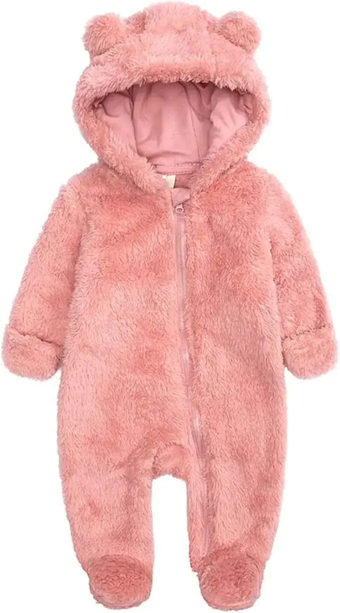 Pink Hooded Fleece Jumpsuit Outerwear Girl Baby Footed Onesie (Size: 6 Months)