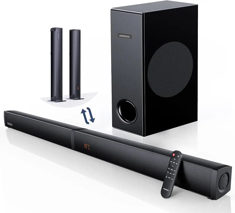 180W Sound Bar MEREDO 2 in 1 Detachable Soundbar for TV 2.1CH Soundbar with Subwoofer 5 EQ Modes Treble & Bass Adjust (ARC Cable) Optical/BT 5.4/AUX, 12L Deep Bass for Home Theater-32 Inch