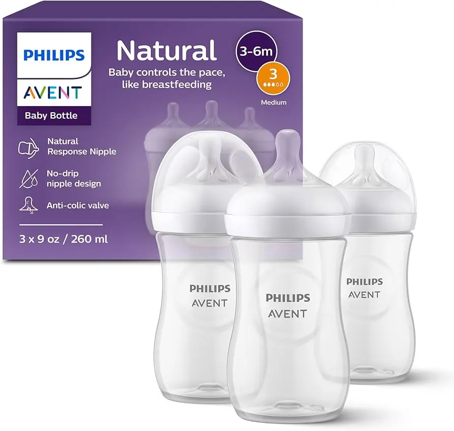 Philips Avent Natural Baby Bottles with Natural Response Nipples (Medium Flow, Flow 3), 9oz, 3-pack