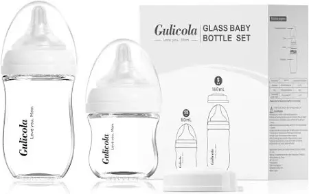 Gulicola Glass Baby Bottle Set for Breastfeeding Babies, Newborn Anti-Colic Bottle Set with Slow Flow Nipple, 0-3 Months, 160mL (5oz) & 80mL (3oz), 2 Pack