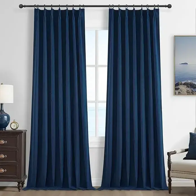 Pinch Pleat Thick Linen Curtains, Navy Blue, 2 Panels, 16 Hooks and Adjustable Hooks