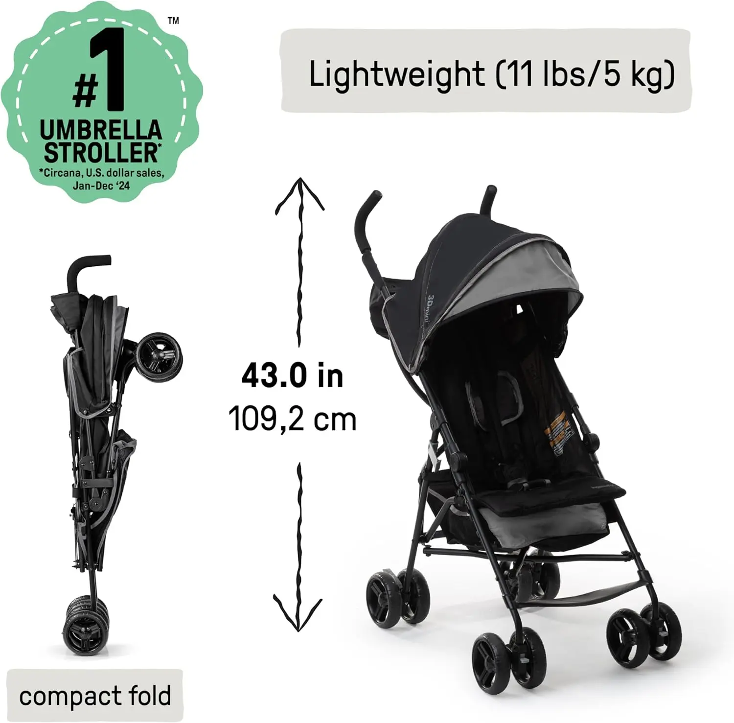 Summer Infant, 3D Mini Convenience Stroller Lightweight Stroller with Compact Fold MultiPosition Recline Canopy with Pop Out Sun Visor and More Umbrella Stroller for Travel and More, Gray