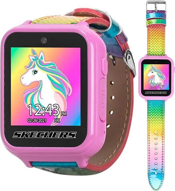 Skechers Kids Smart Watch with Rainbow Iridescent Strap, Games, Camera, & Fitness Tracker