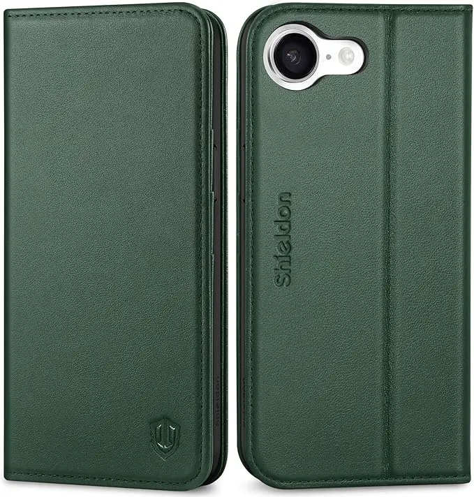 SHIELDON Wallet Case for iPhone 16e 5G 6.1", Genuine Leather RFID Blocking Card Holder Foldable, Nappa Evergreen