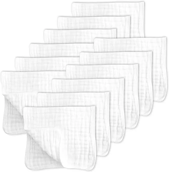 SWEET DOLPHIN 12 Pack Muslin Burp Cloths Large 100% Cotton Hand Washcloths- White, 20" X10"