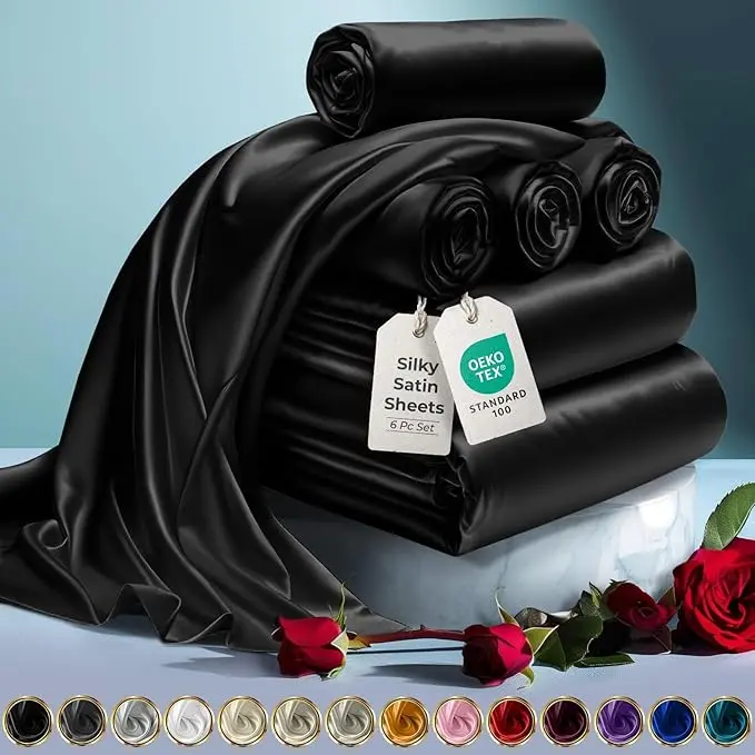 DECOLURE Satin Bed Sheets - 6 Piece Luxury Silky Queen Size Bedding Set - Softer Than Silk, Wrinkle-Free with 15” Deep Pocket Fitted Sheet, Perfect for Hair & Skin, Gifts for Women (Black)