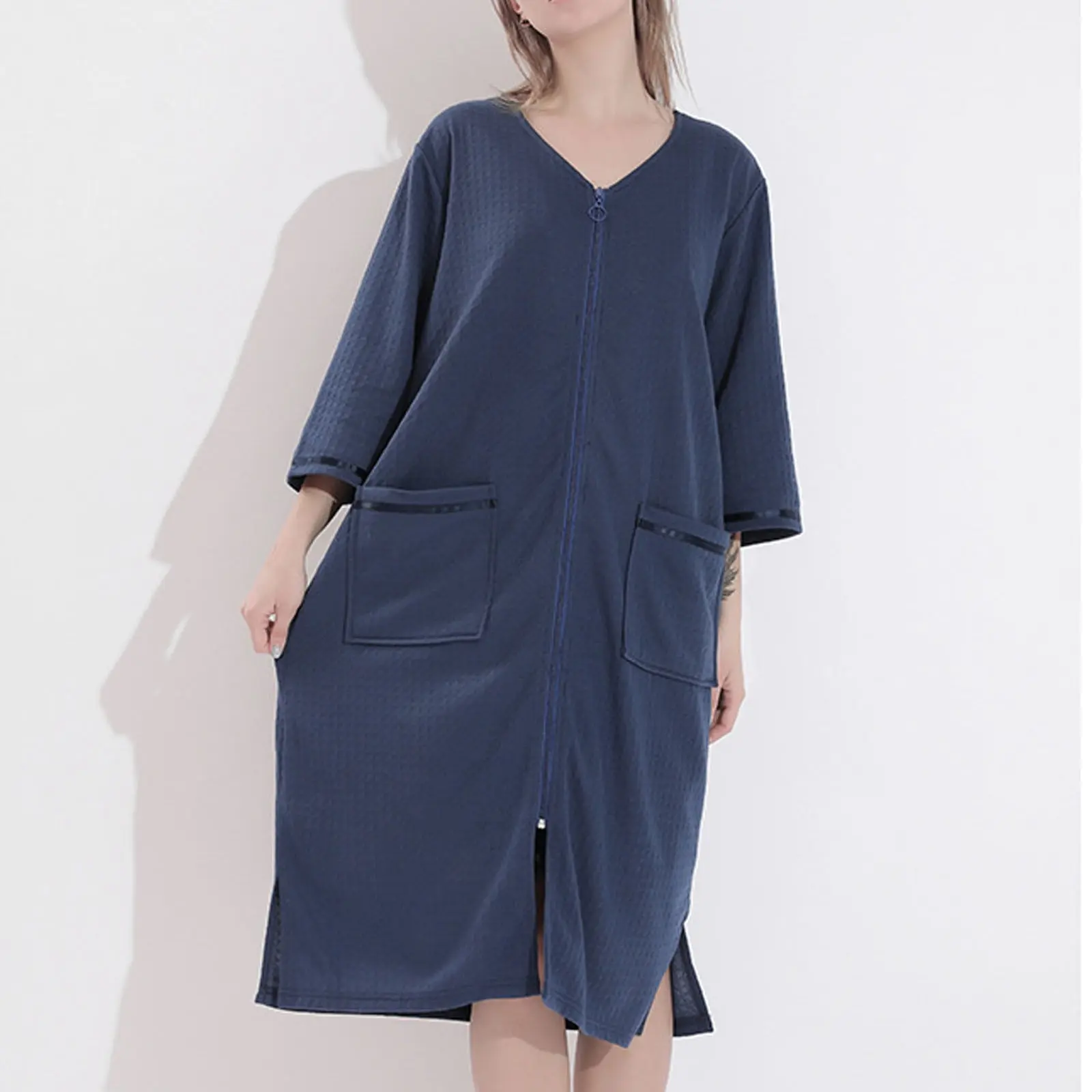 Besolor Women Robe Zipper Front Nightgown Bathrobe Ladies Lounge Dress Sleepwear with Pockets (XXXL)