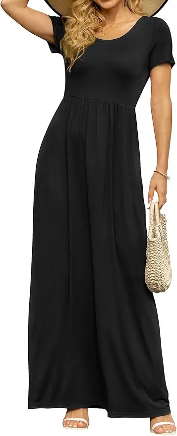 DBMOON Women's Maxi Dress Half Sleeve Black (M/M)