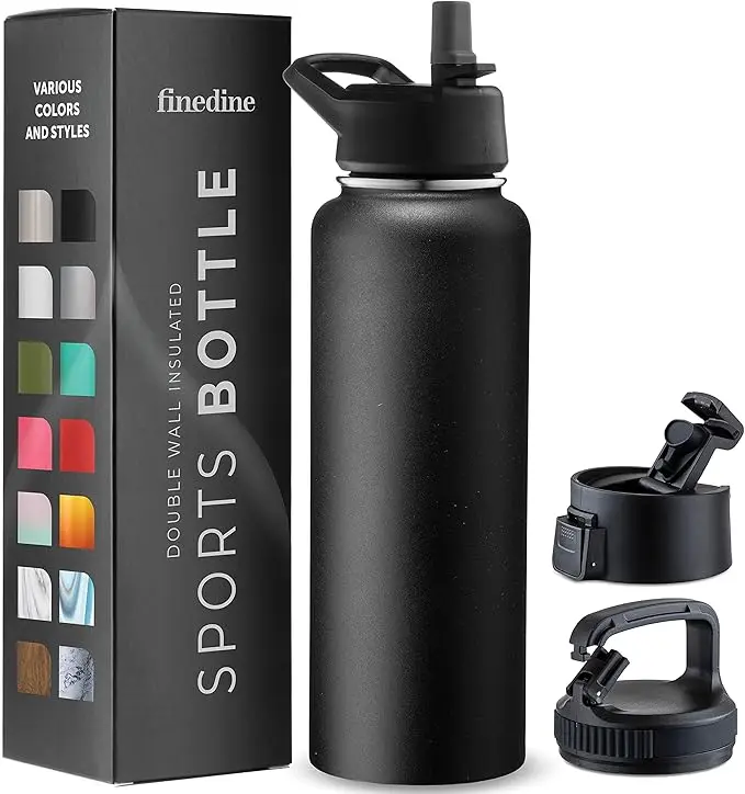 FineDine Water Bottle - Stainless Steel Insulated Water Bottle with Straw Lid, Flip Lid & Wide-Mouth Cap - Keeps Hot and Cold - 25 Oz / 739ml - Inky Raven Black