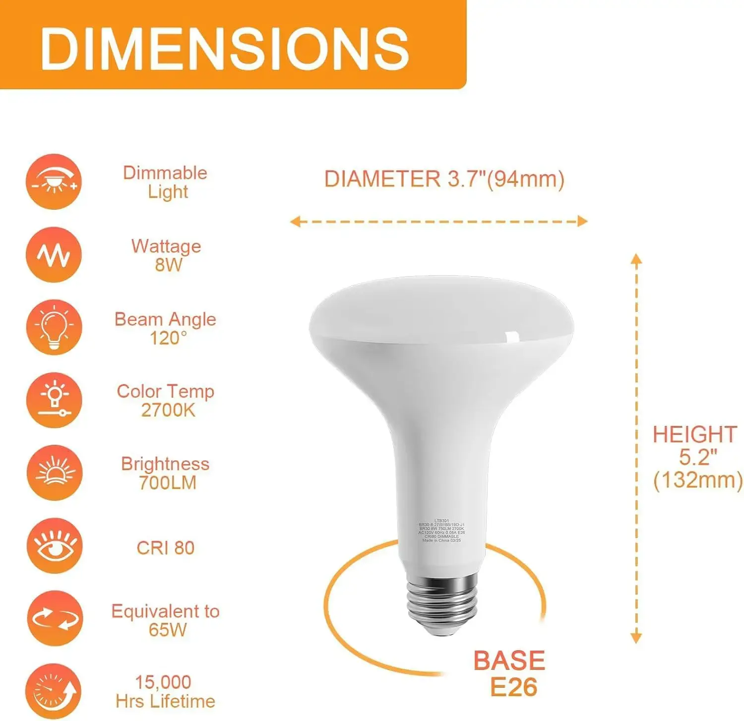 BR30 LED Light Bulb, 65W = 9W, Dimmable, 800 Lumens, 2700K, White - Pack of 2