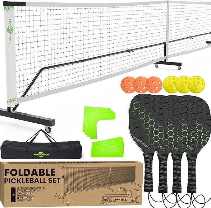 HYPONIX Sporting Goods Foldable Pickleball Set with Net – w/Wheels, Paddles, Balls & Markers