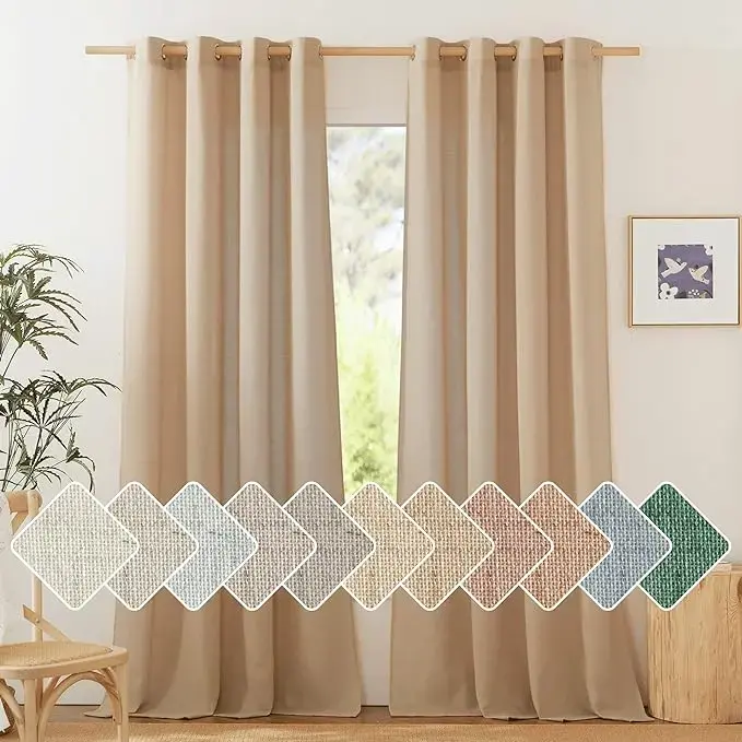 NICETOWN Camel Linen Window Curtains 84 inches Long， Grommet Flax Semi-Sheer Light Filtering Curtains & Drapes Privacy Assured with Light Filtering for Living Room， W50 x L84