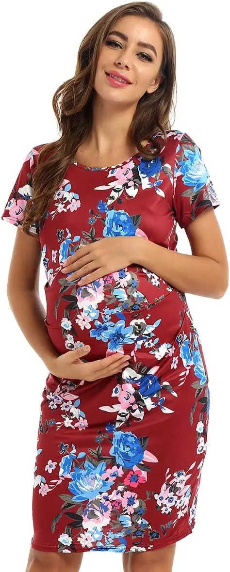 Flower Printed Maternity Dress Knee Length (M)