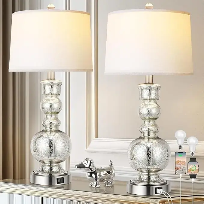 Hamucd 3-Way Dimmable Touch Control Clear Grey Glass Table Lamps Set of 2
