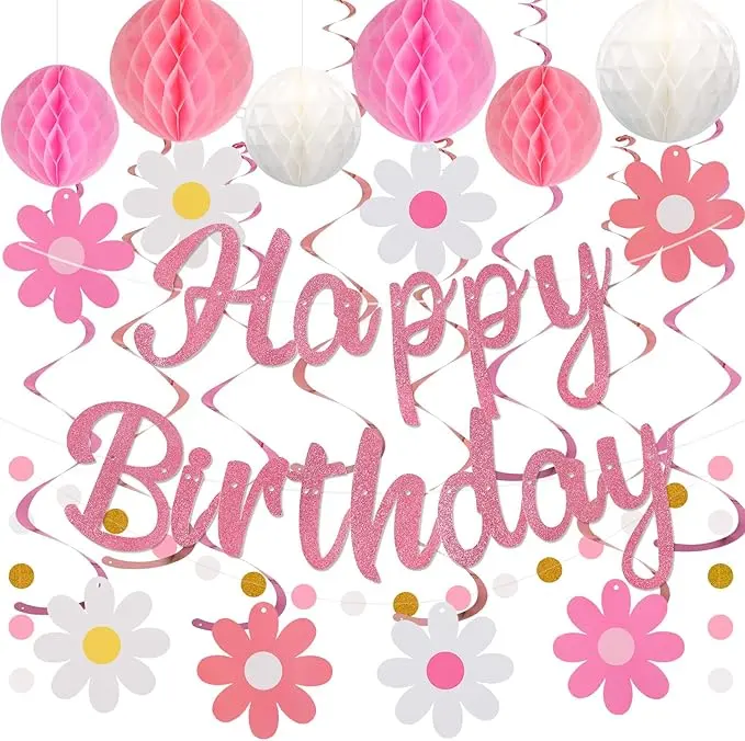 YEOCU Pink Birthday Decorations - Pre-Strung Happy Birthday Banner with Honeycomb Balls, Hanging Swirls, Circle Dots Garland