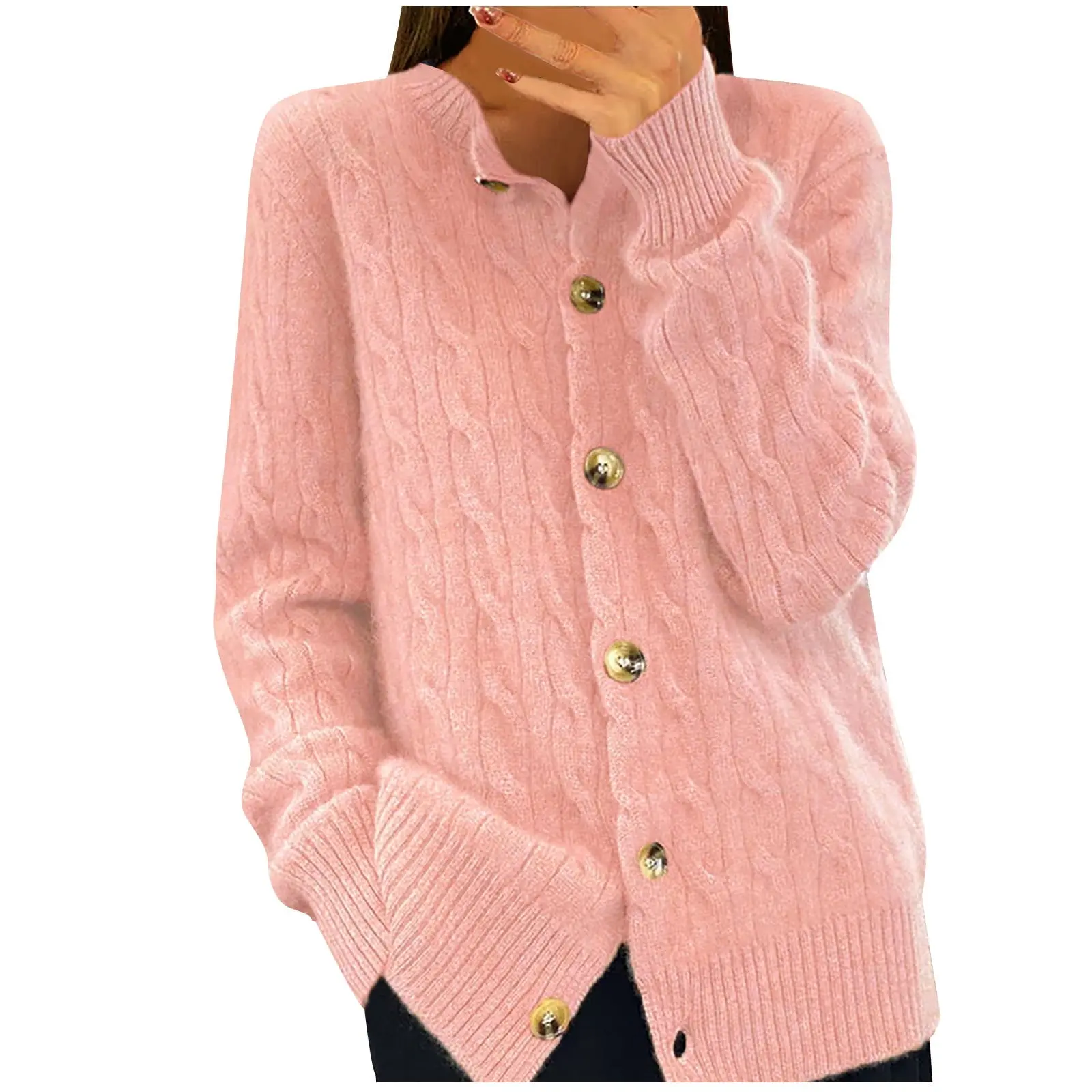 Cable Knit Pink Sweater Cardigan (2XL)